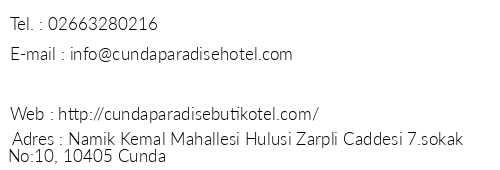 Cunda Paradise Otel telefon numaralar, faks, e-mail, posta adresi ve iletiim bilgileri